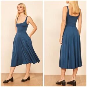 Reformation Blue Rou Midi Fit & Flare Dress Size Medium Stretch Jersey Preppy